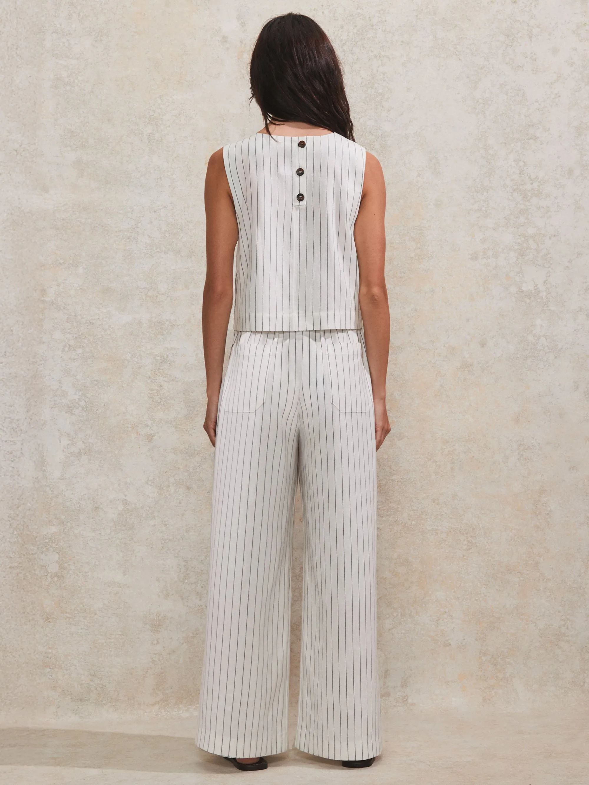 Petite Ivory Pinstripe Linen-Blend Wide-Leg Trousers