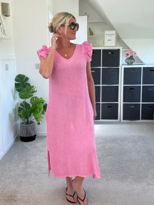 Pink Washed Linen Frill Sleeve V-Neck Dress