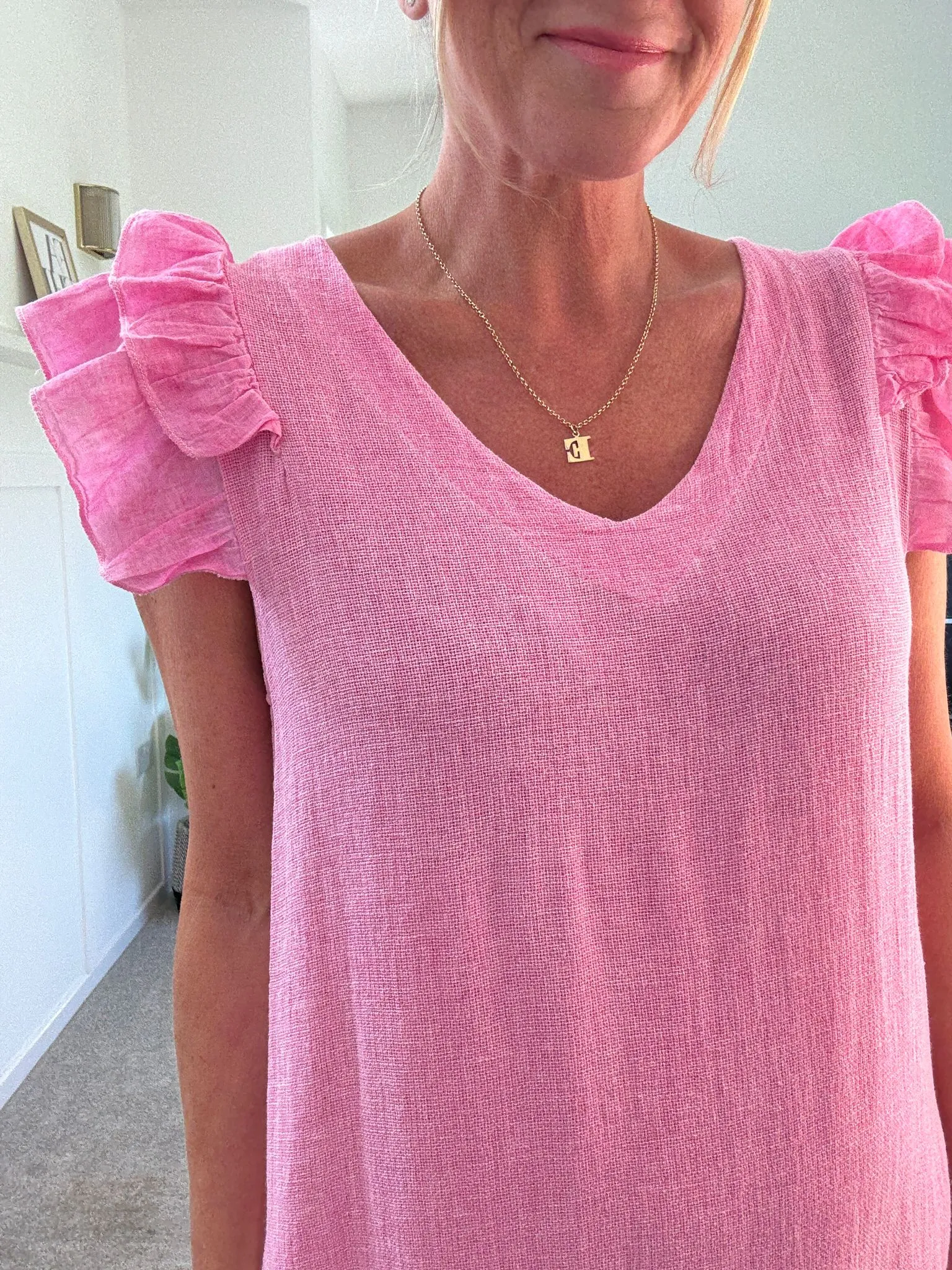 Pink Washed Linen Frill Sleeve V-Neck Dress