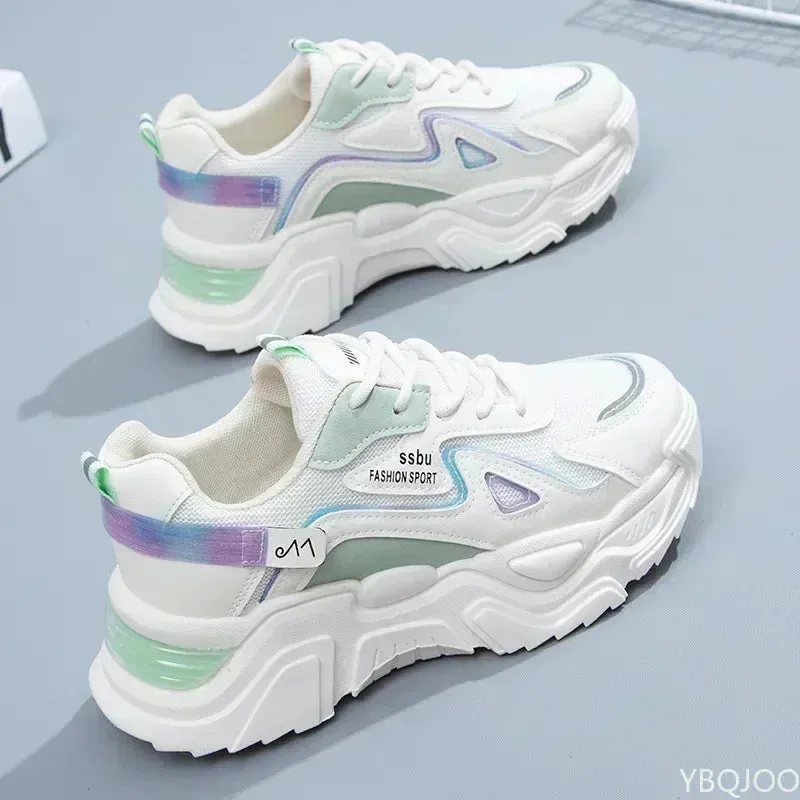 Platform Flat Shoes – Women's Green Casual Trainers, Ladies Chunky Sneakers, Women’s Sneakers