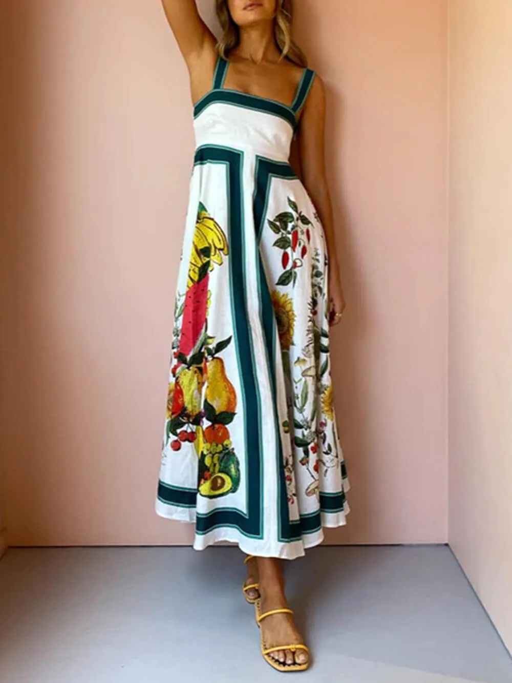 Printed Backless Halter Charming Hem Loose Dresses