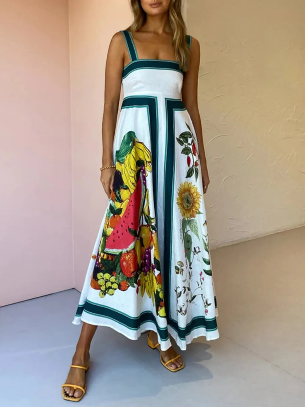 Printed Backless Halter Charming Hem Loose Dresses