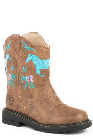 Roper Little Kids Horse Flowers Light Up Boot - Tan/Turquoise