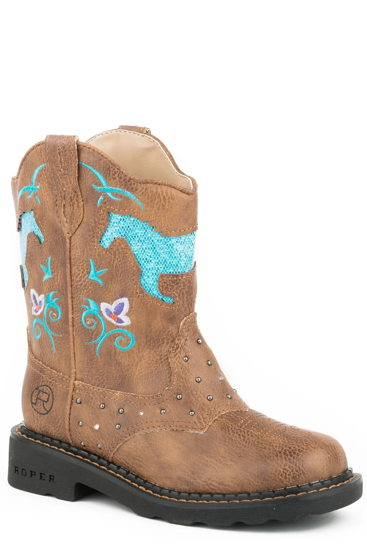 Roper Little Kids Horse Flowers Light Up Boot - Tan/Turquoise