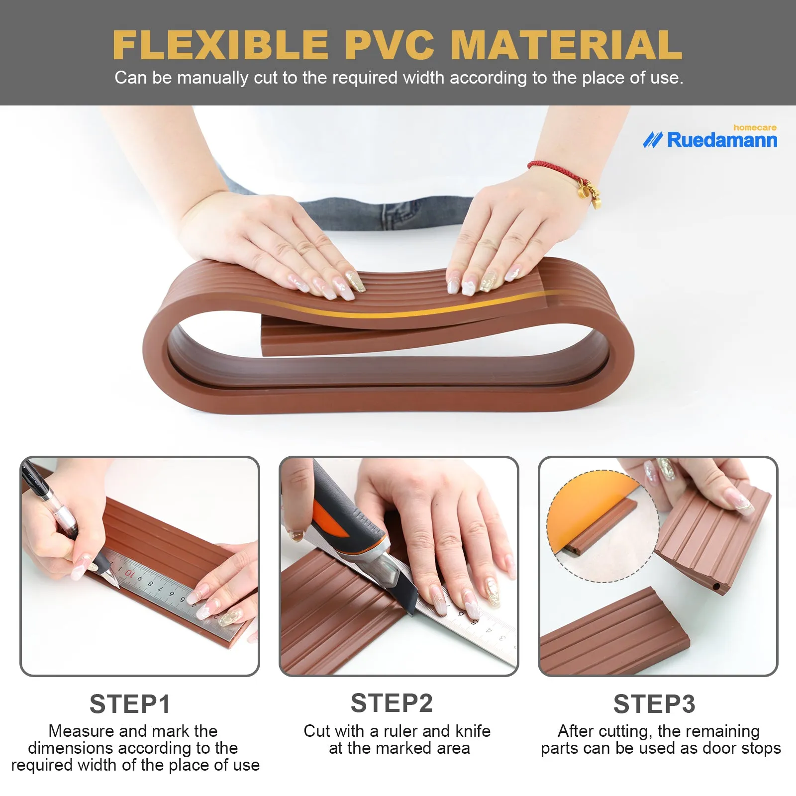 Ruedamann® Non-Slip Threshold Wheelchair Ramp Cuttable 35.4" Wide PVC Ramp