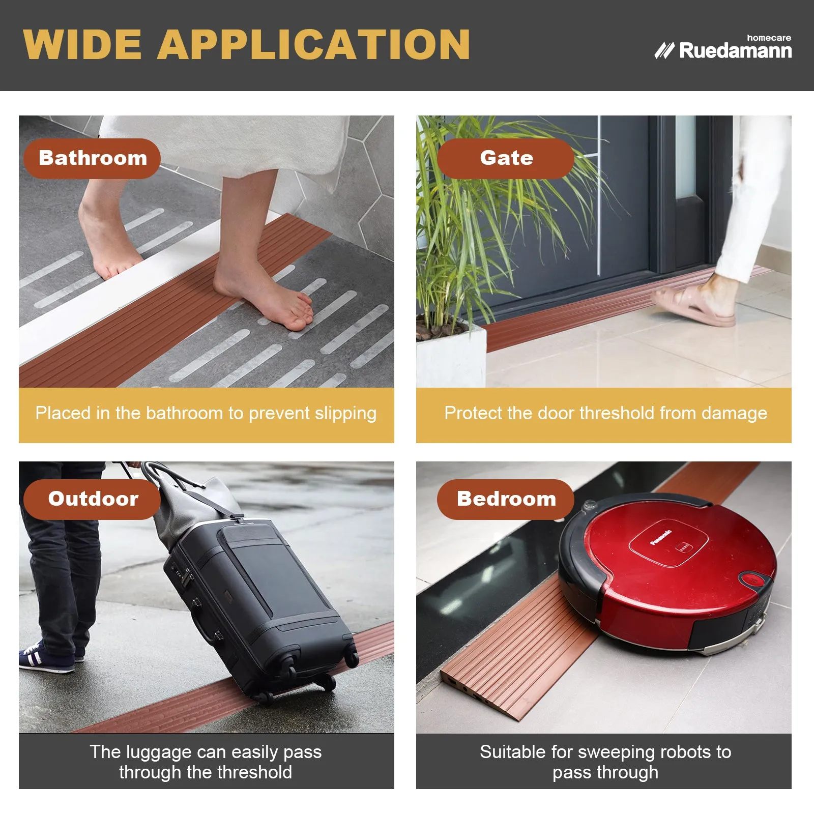 Ruedamann® Non-Slip Threshold Wheelchair Ramp Cuttable 35.4" Wide PVC Ramp