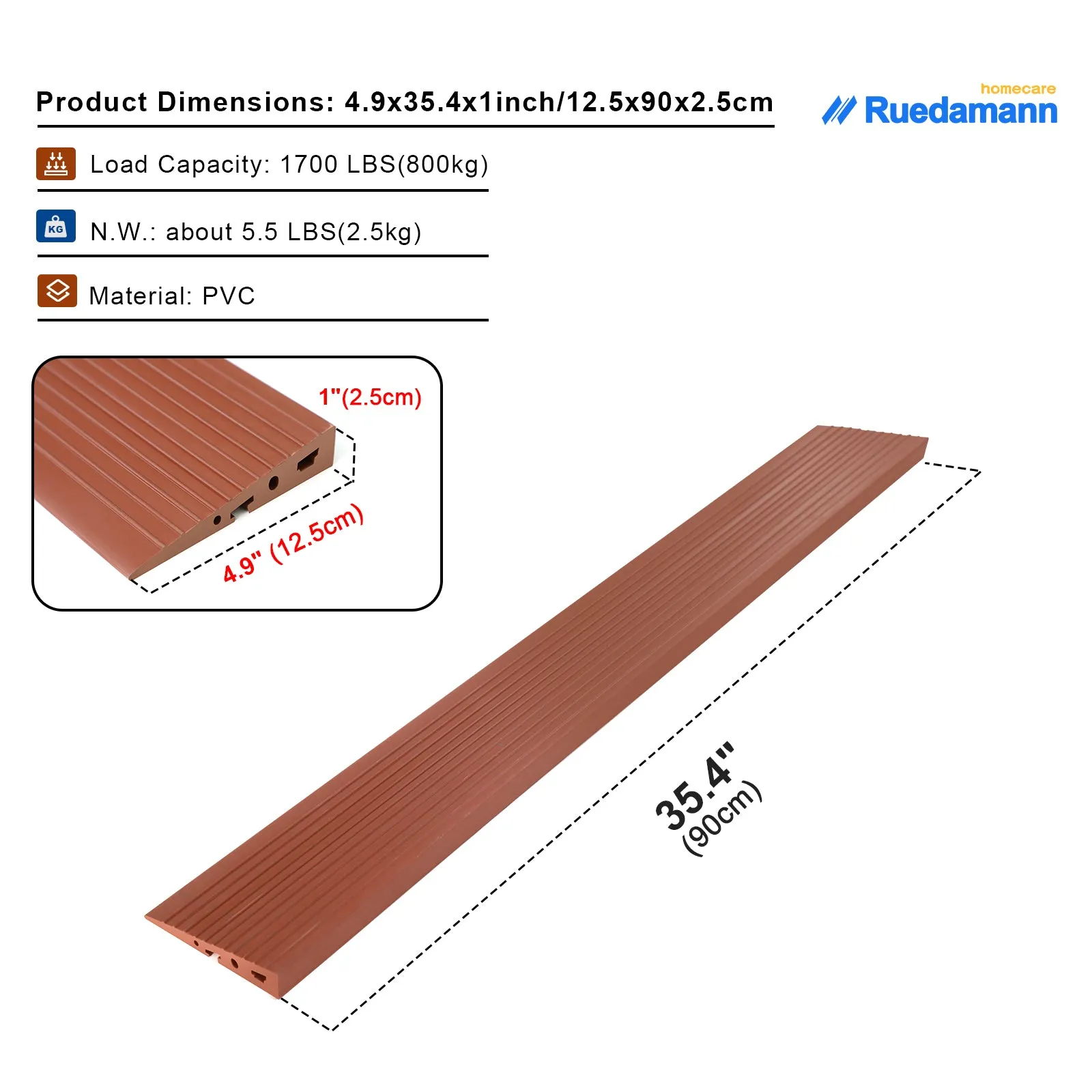 Ruedamann® Non-Slip Threshold Wheelchair Ramp Cuttable 35.4" Wide PVC Ramp