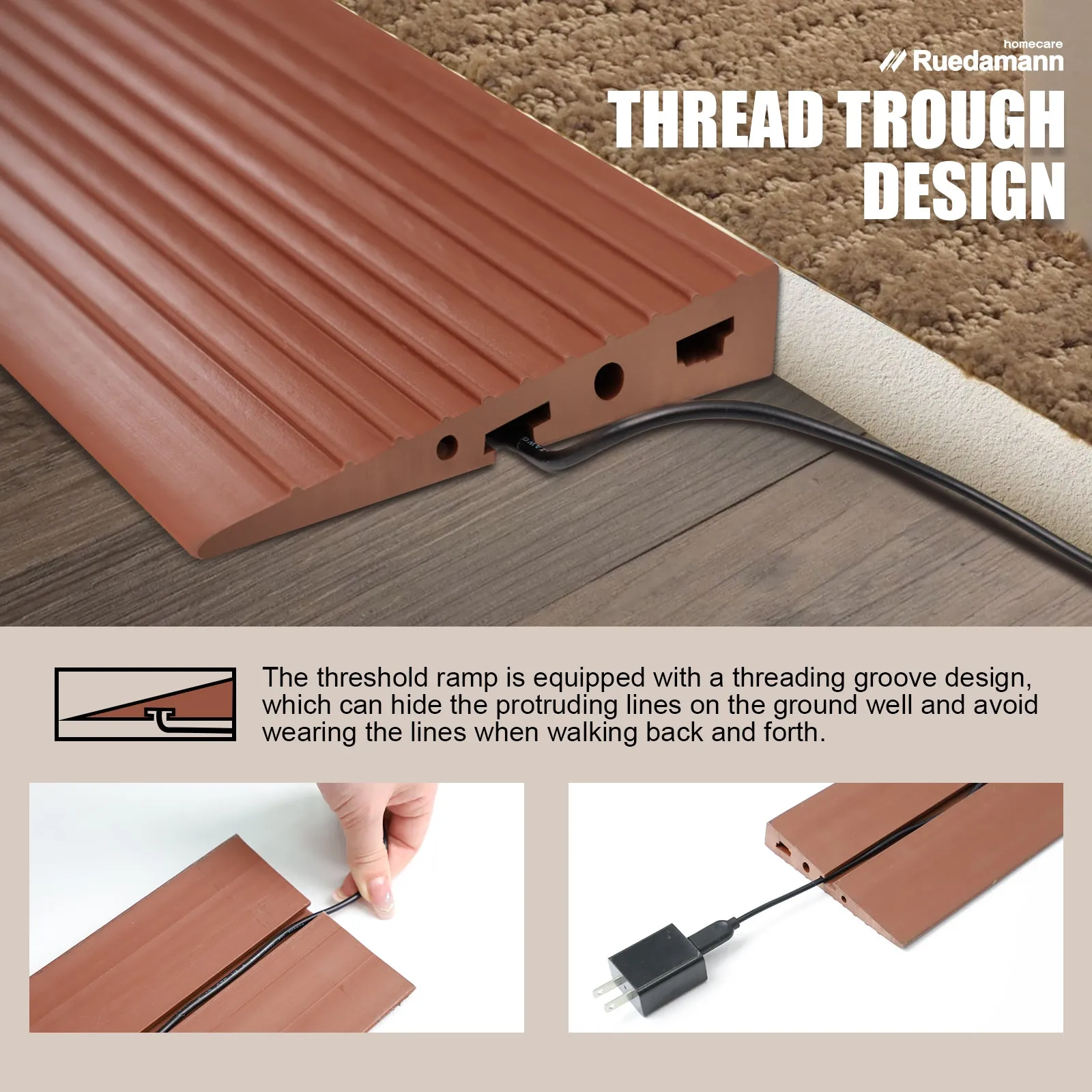 Ruedamann® Non-Slip Threshold Wheelchair Ramp Cuttable 35.4" Wide PVC Ramp
