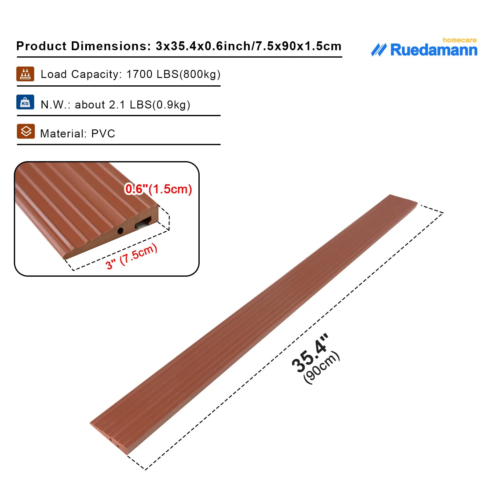 Ruedamann® Non-Slip Threshold Wheelchair Ramp Cuttable 35.4" Wide PVC Ramp