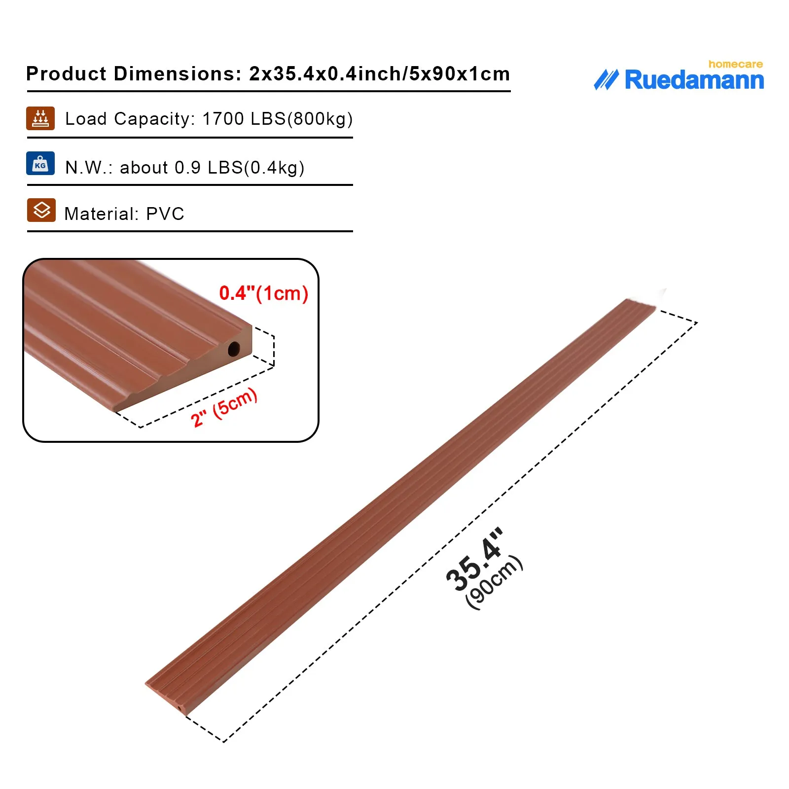 Ruedamann® Non-Slip Threshold Wheelchair Ramp Cuttable 35.4" Wide PVC Ramp