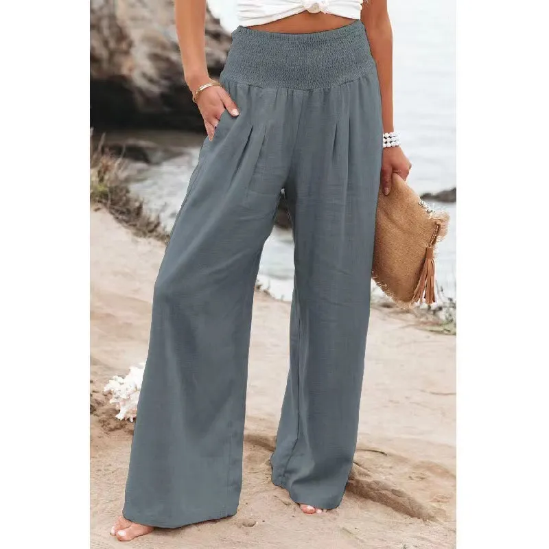 Soleil High-Waisted Smocked Wide Leg Palazzo Pants