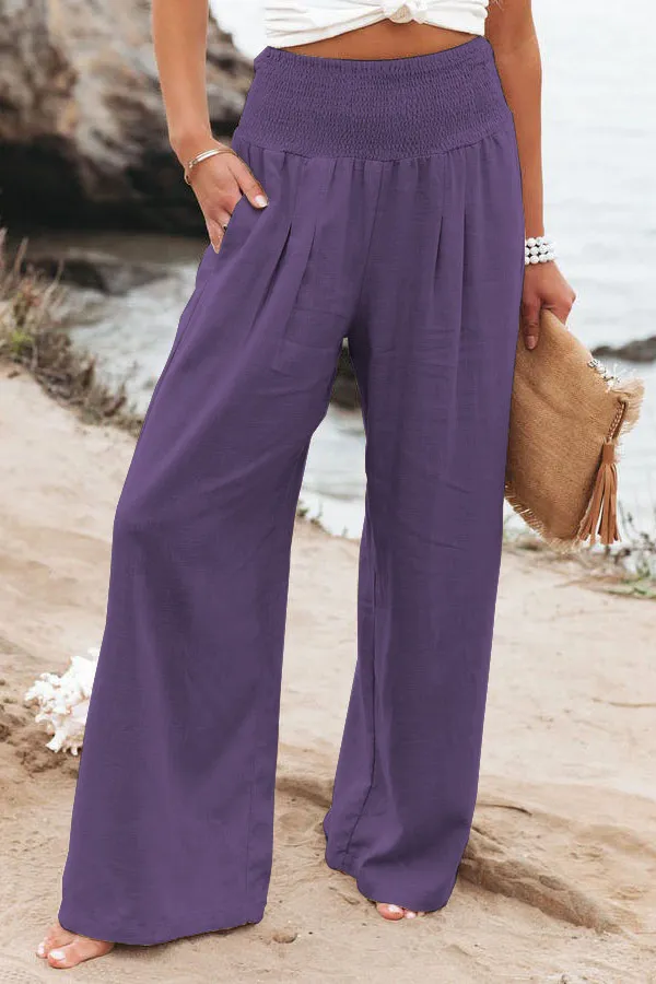 Soleil High-Waisted Smocked Wide Leg Palazzo Pants