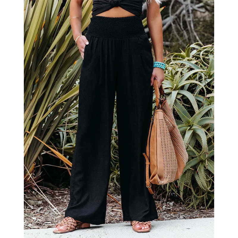 Soleil High-Waisted Smocked Wide Leg Palazzo Pants
