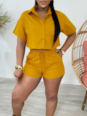 Spritz Cropped Button-Up Top & Drawstring Shorts Set