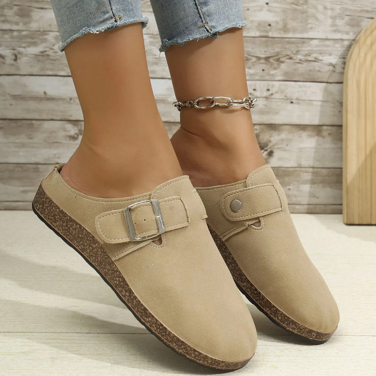 Suede Round Toe Buckle Slip-Ons