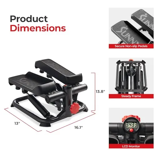 Sunny Health & Fitness Total Body Smart 2-in-1 Stepper Machine, Total Body Workout, Adjustable Hydraulic, LCD Monitor, Resistance Bands, Non-Slip Pedals with Smart SunnyFit App - SF-S0978Smart