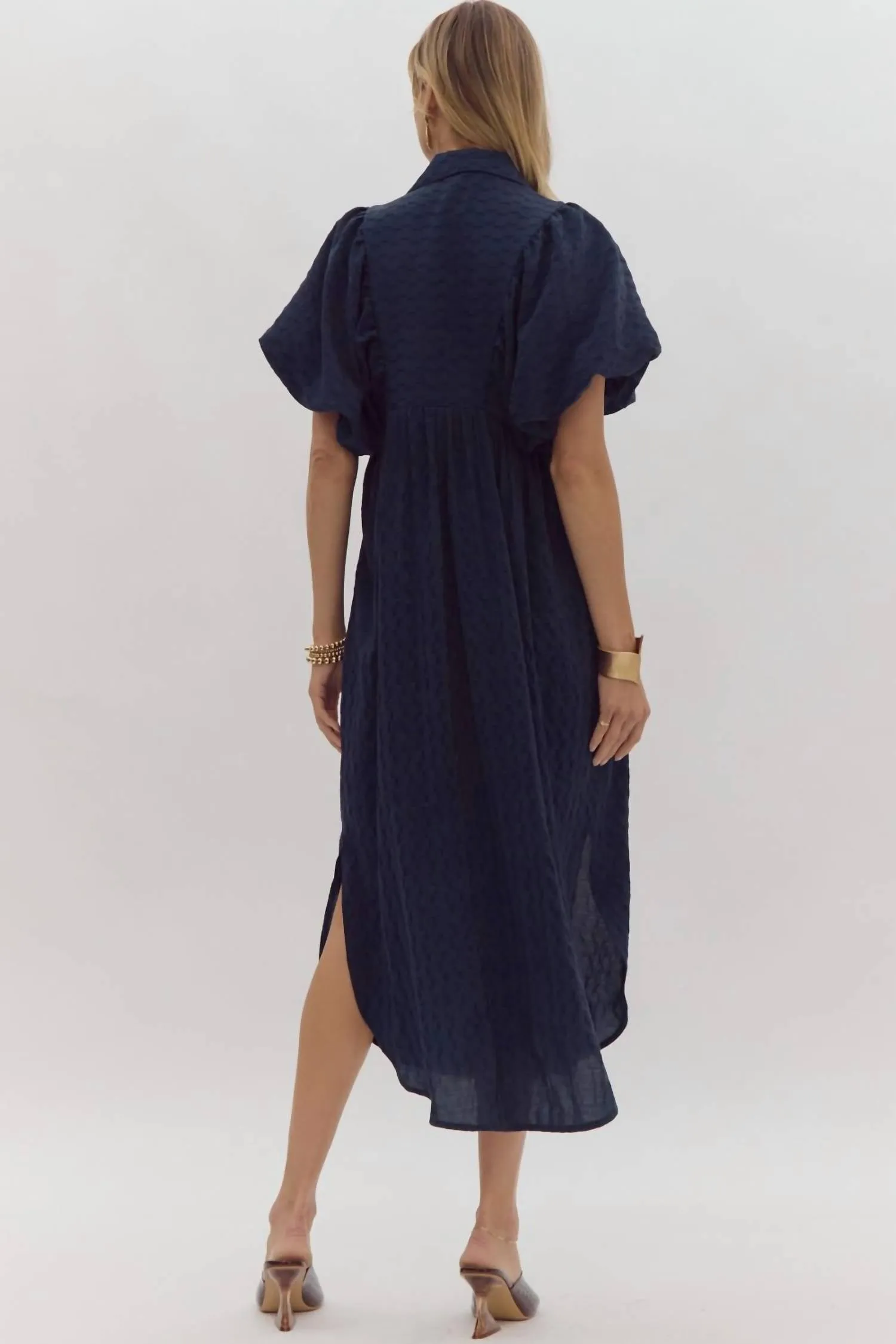 Textured Puff Sleeve Midi Dress In Navy
