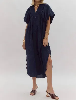 Textured Puff Sleeve Midi Dress In Navy