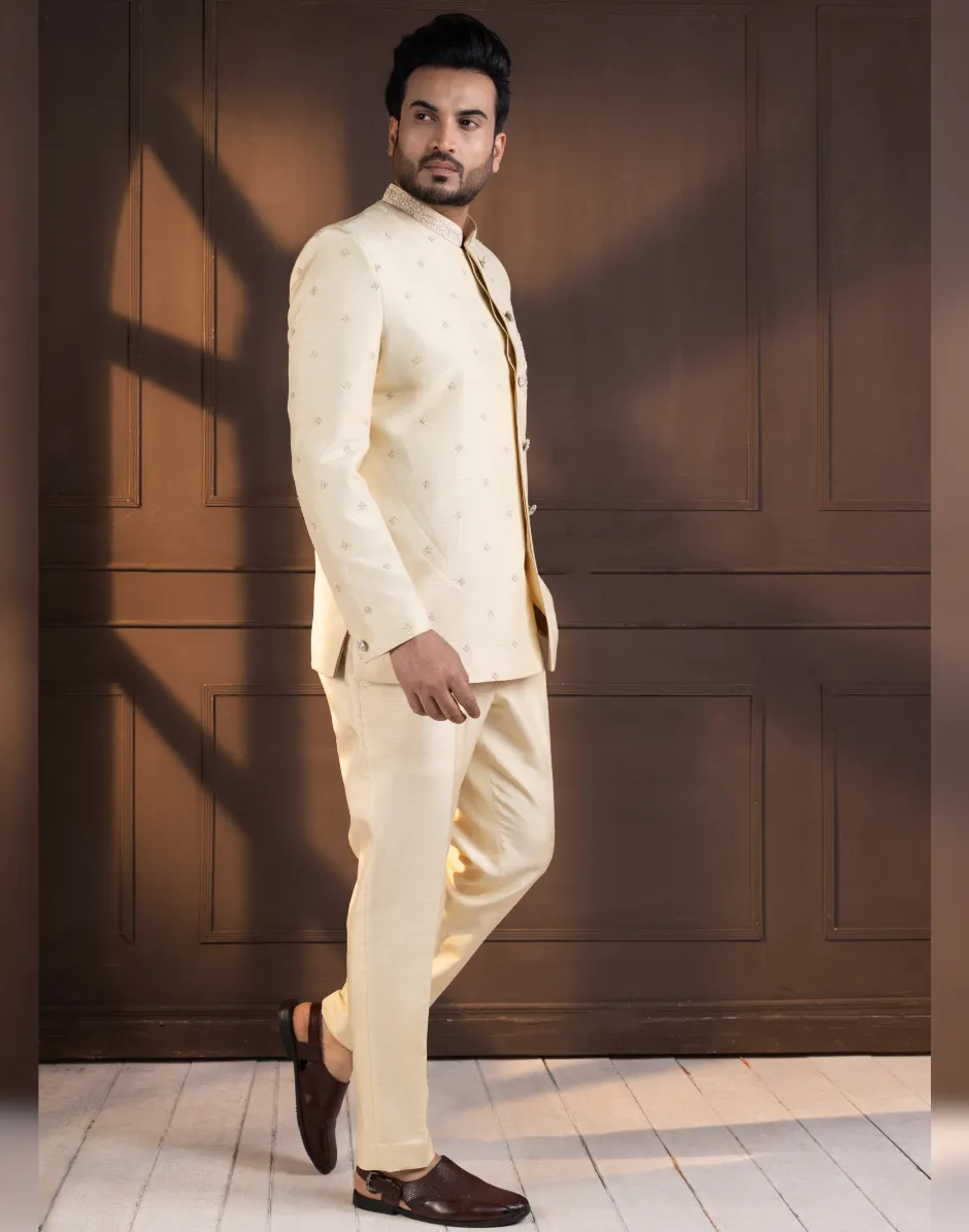 Timeless Elegance Ivory Embellished Bandhgala Suit with Intricate Detailing