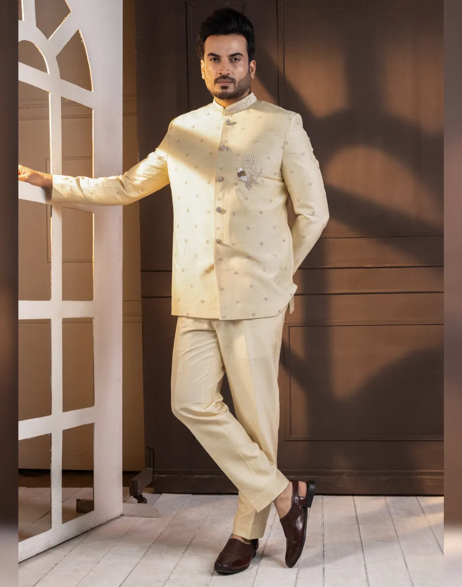 Timeless Elegance Ivory Embellished Bandhgala Suit with Intricate Detailing