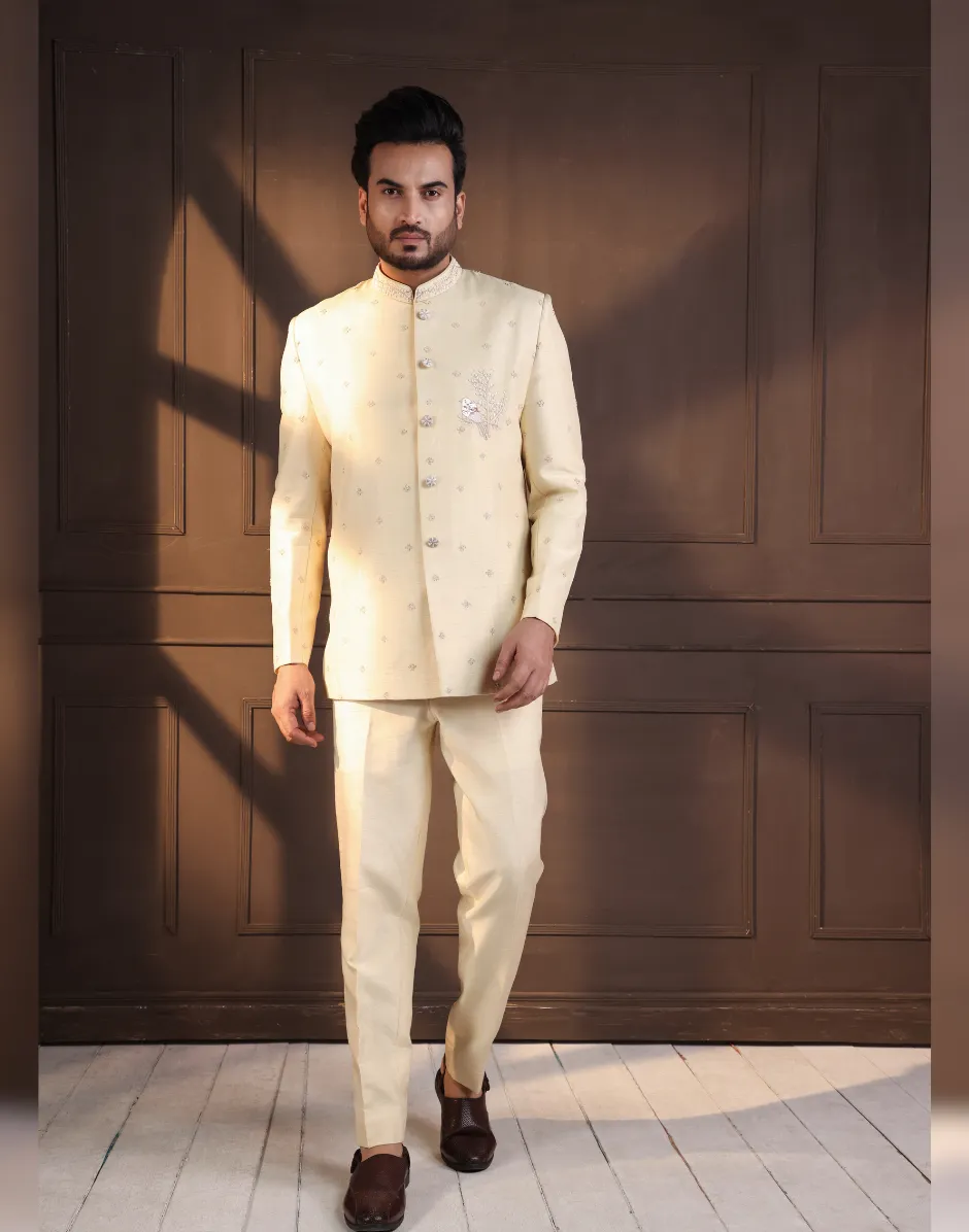 Timeless Elegance Ivory Embellished Bandhgala Suit with Intricate Detailing