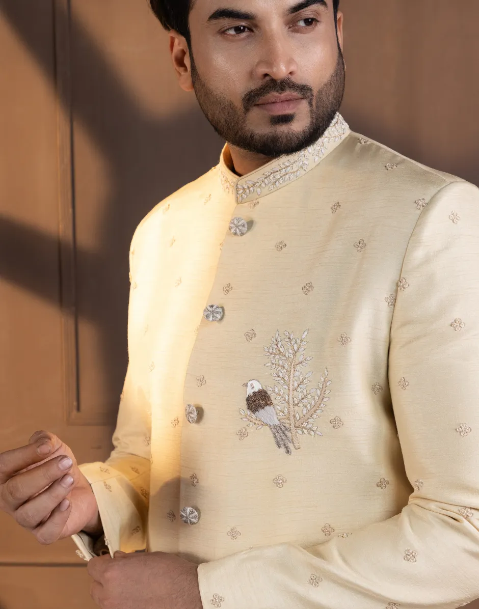 Timeless Elegance Ivory Embellished Bandhgala Suit with Intricate Detailing