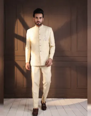 Timeless Elegance Ivory Embellished Bandhgala Suit with Intricate Detailing