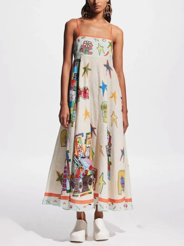 Unique Graffiti Print Suspenders Long Swing Maxi Dress