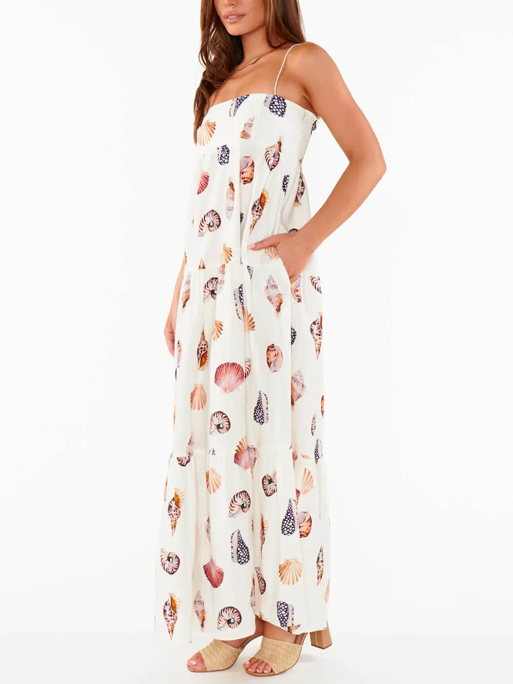 Unique Shell Conch Print Graceful Pleated Pockets Lightweight Maxi Dress