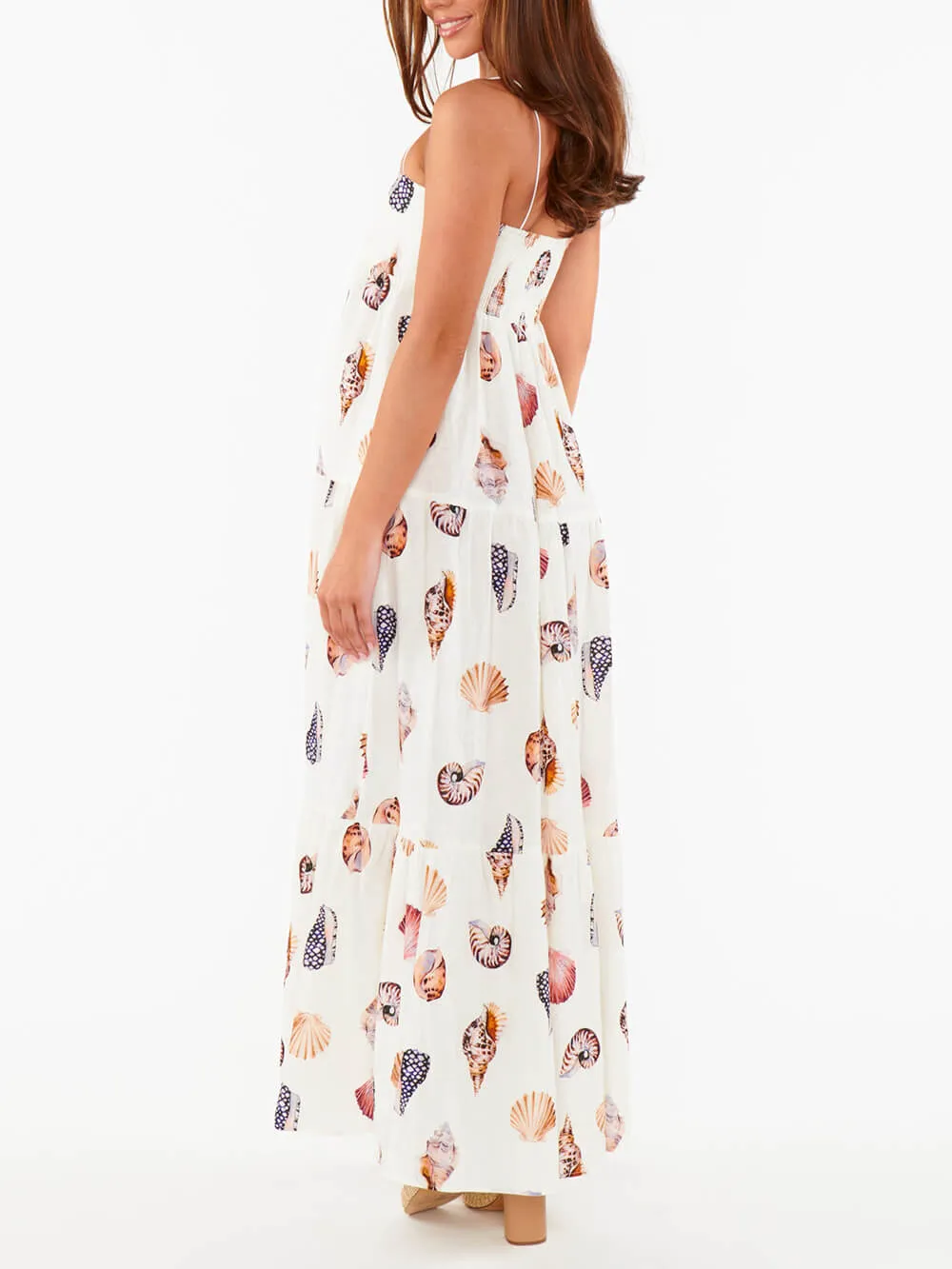 Unique Shell Conch Print Graceful Pleated Pockets Lightweight Maxi Dress
