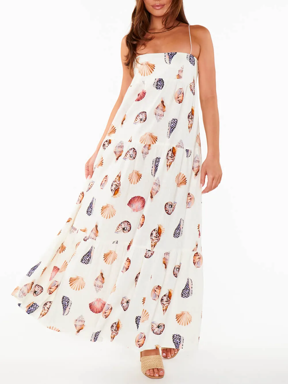 Unique Shell Conch Print Graceful Pleated Pockets Lightweight Maxi Dress