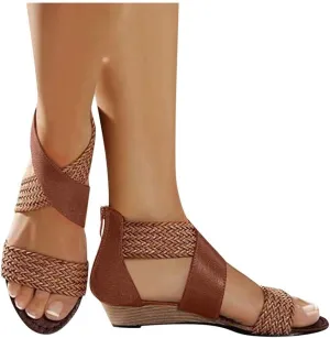 Women Braided Sandals Summer Non-Slip Comfortable Wedge Heels Open Toe Zipper Beach Bottom Sandals by Brown