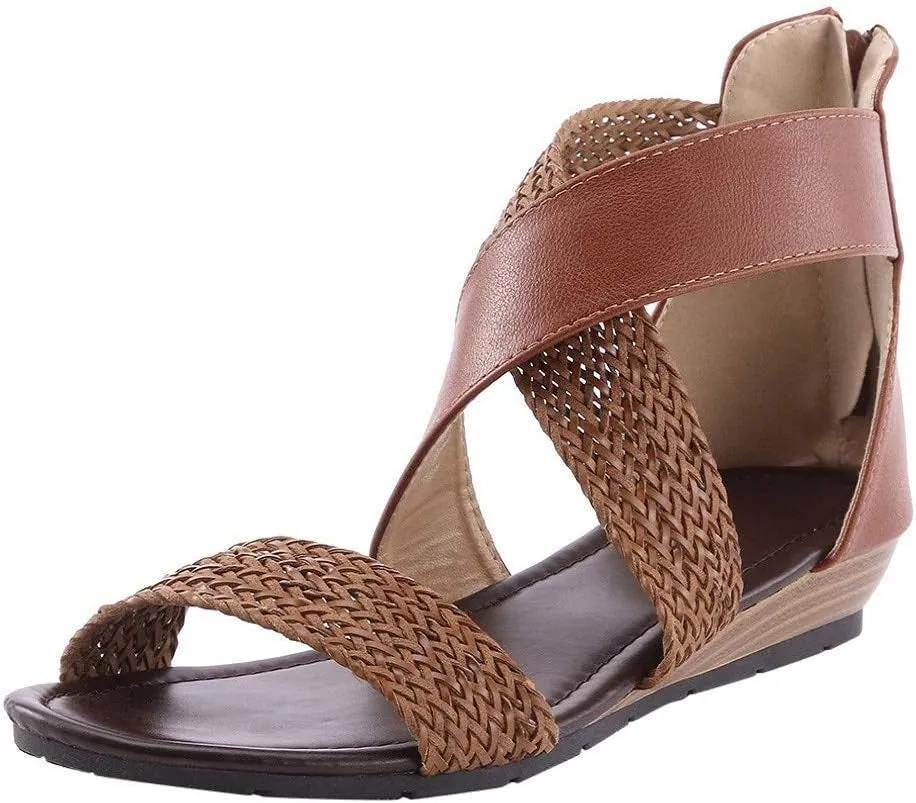 Women Braided Sandals Summer Non-Slip Comfortable Wedge Heels Open Toe Zipper Beach Bottom Sandals by Brown