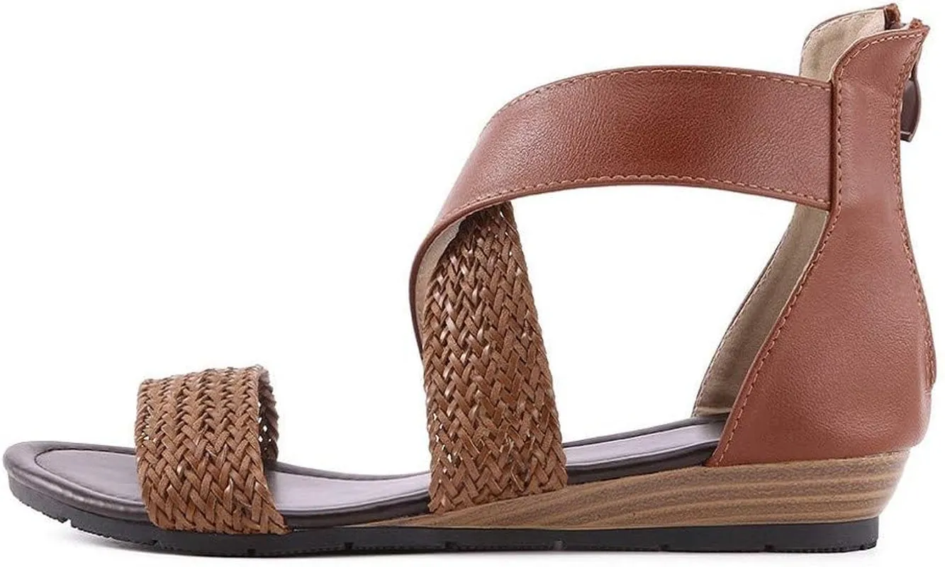 Women Braided Sandals Summer Non-Slip Comfortable Wedge Heels Open Toe Zipper Beach Bottom Sandals by Brown