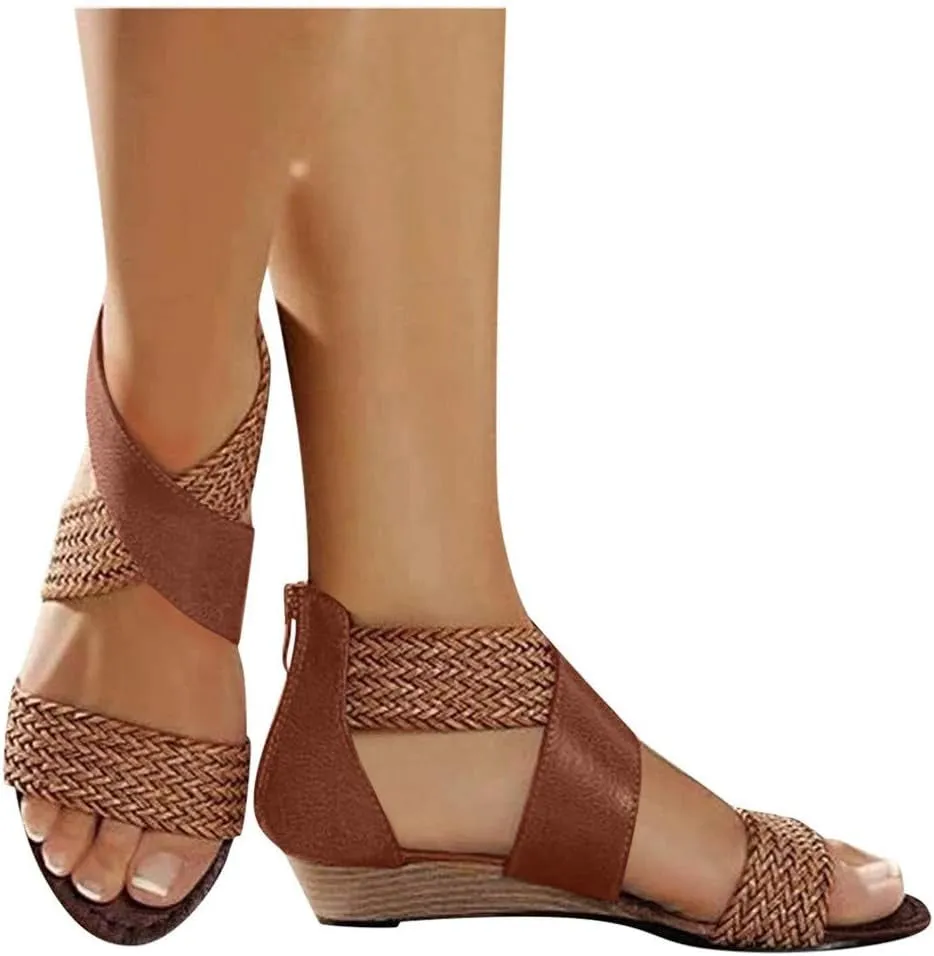 Women Braided Sandals Summer Non-Slip Comfortable Wedge Heels Open Toe Zipper Beach Bottom Sandals by Brown