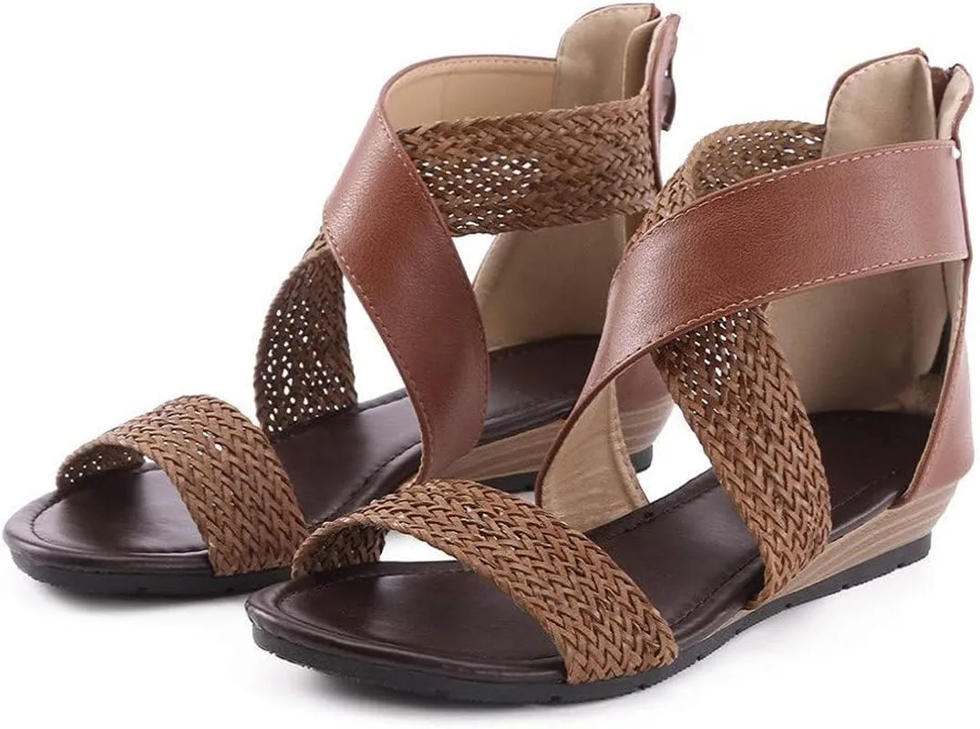 Women Braided Sandals Summer Non-Slip Comfortable Wedge Heels Open Toe Zipper Beach Bottom Sandals by Brown